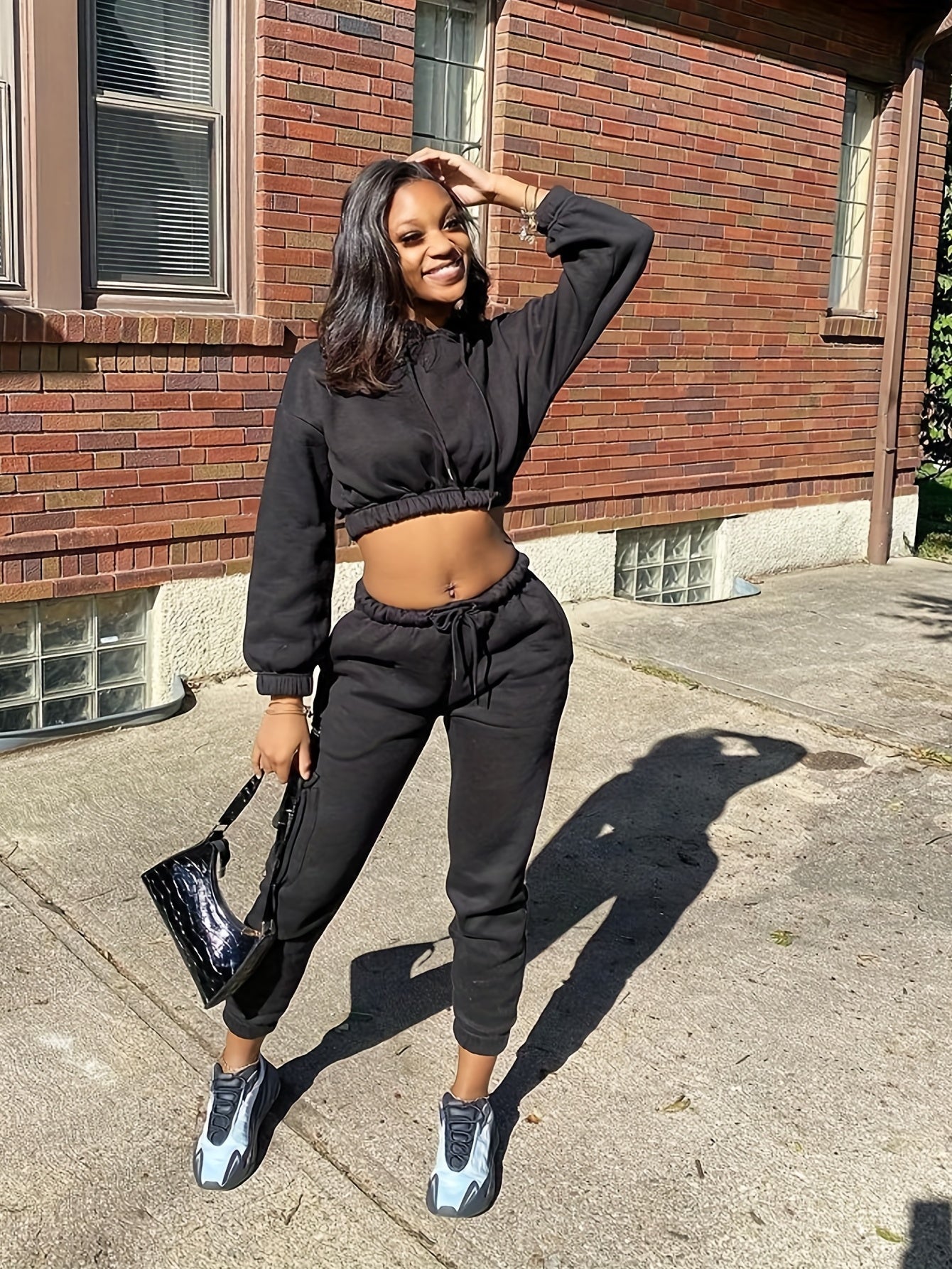 Solid Drawstring Two Piece Set Cropped Hoodie & Jogger Pants Outfit