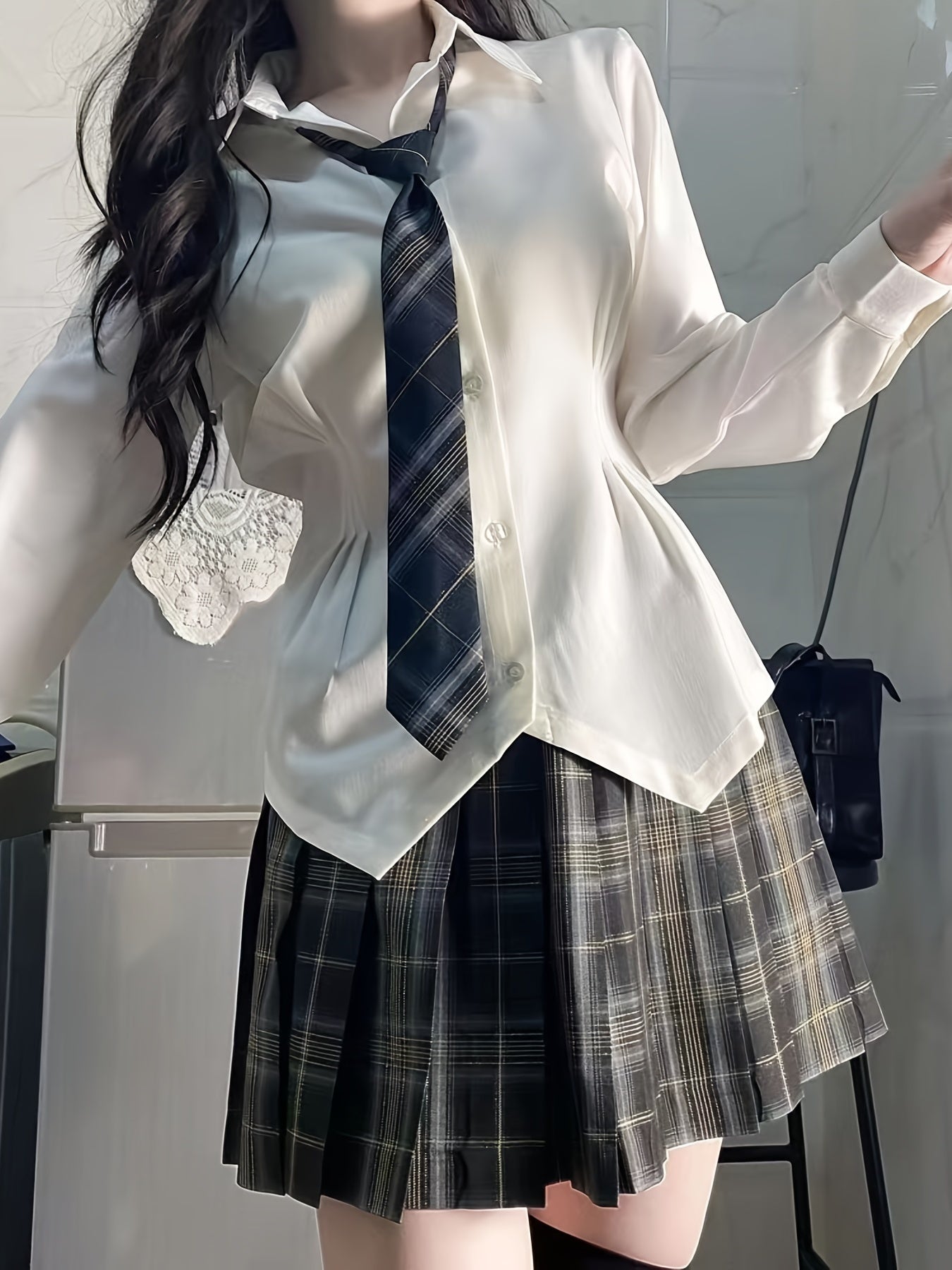 Plaid Pleated Skirt Tie High Waist Japanese School Girl Anime Cosplay JK Uniform
