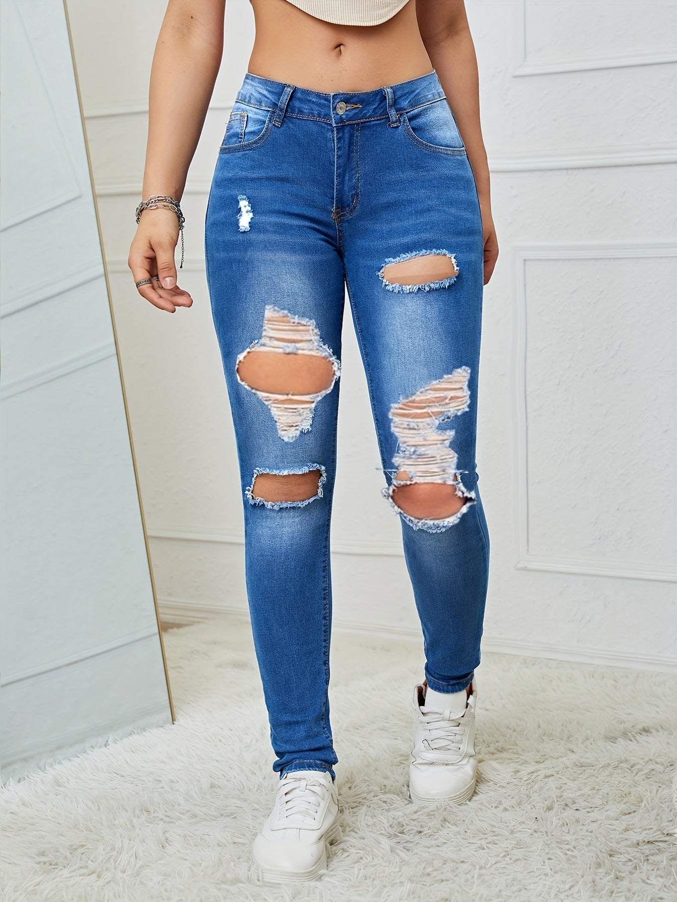High Waist Skinny Jeans Stretch Distressed Slim Fit Denim Pants