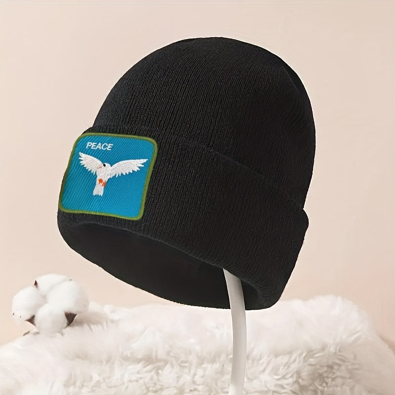 Peace Bird Embroidery Patch Beanie Solid Knit Hat Lightweight Skull Cap