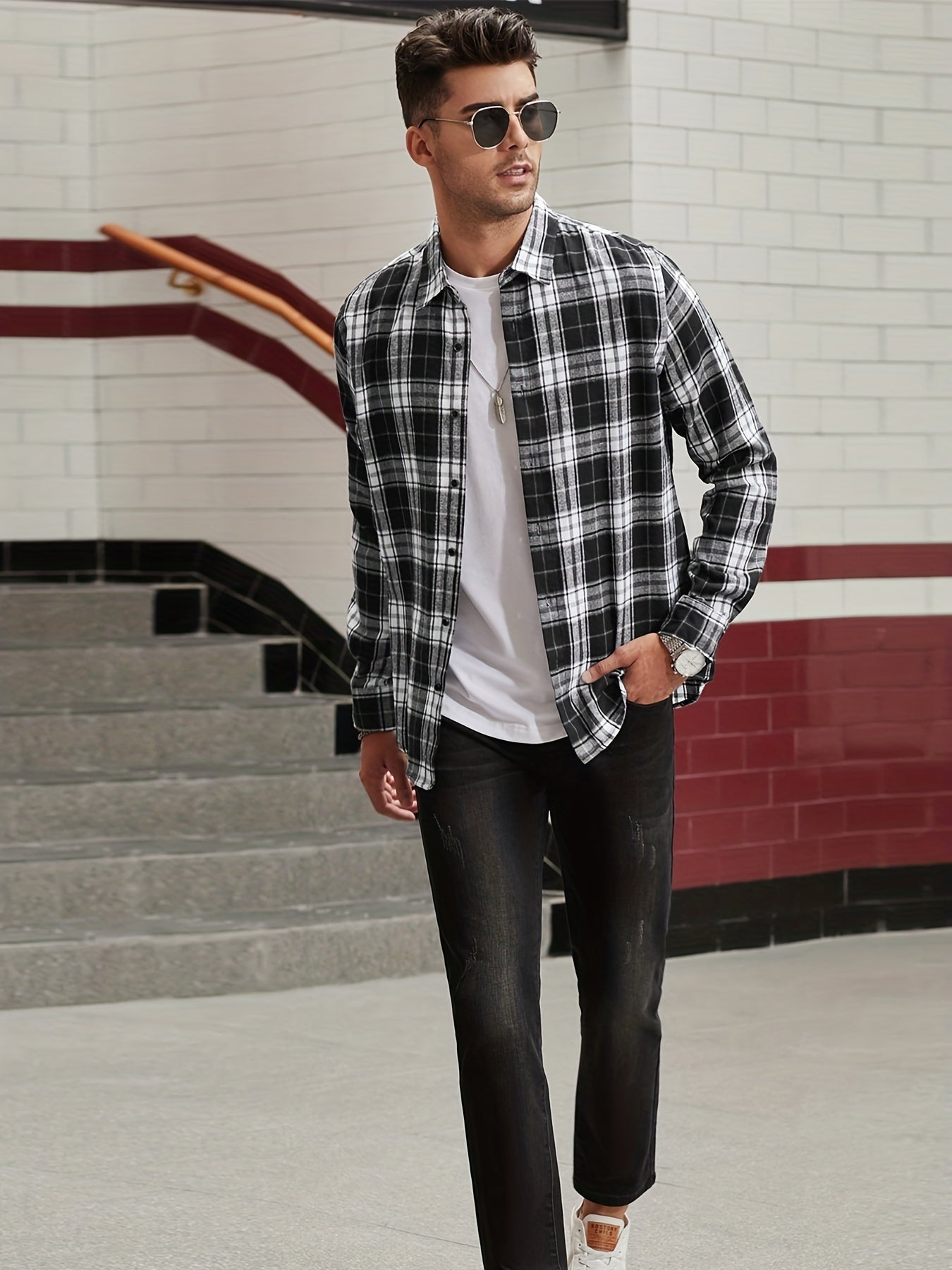 Men's Plaid Lapel Shirt Long Sleeve Casual