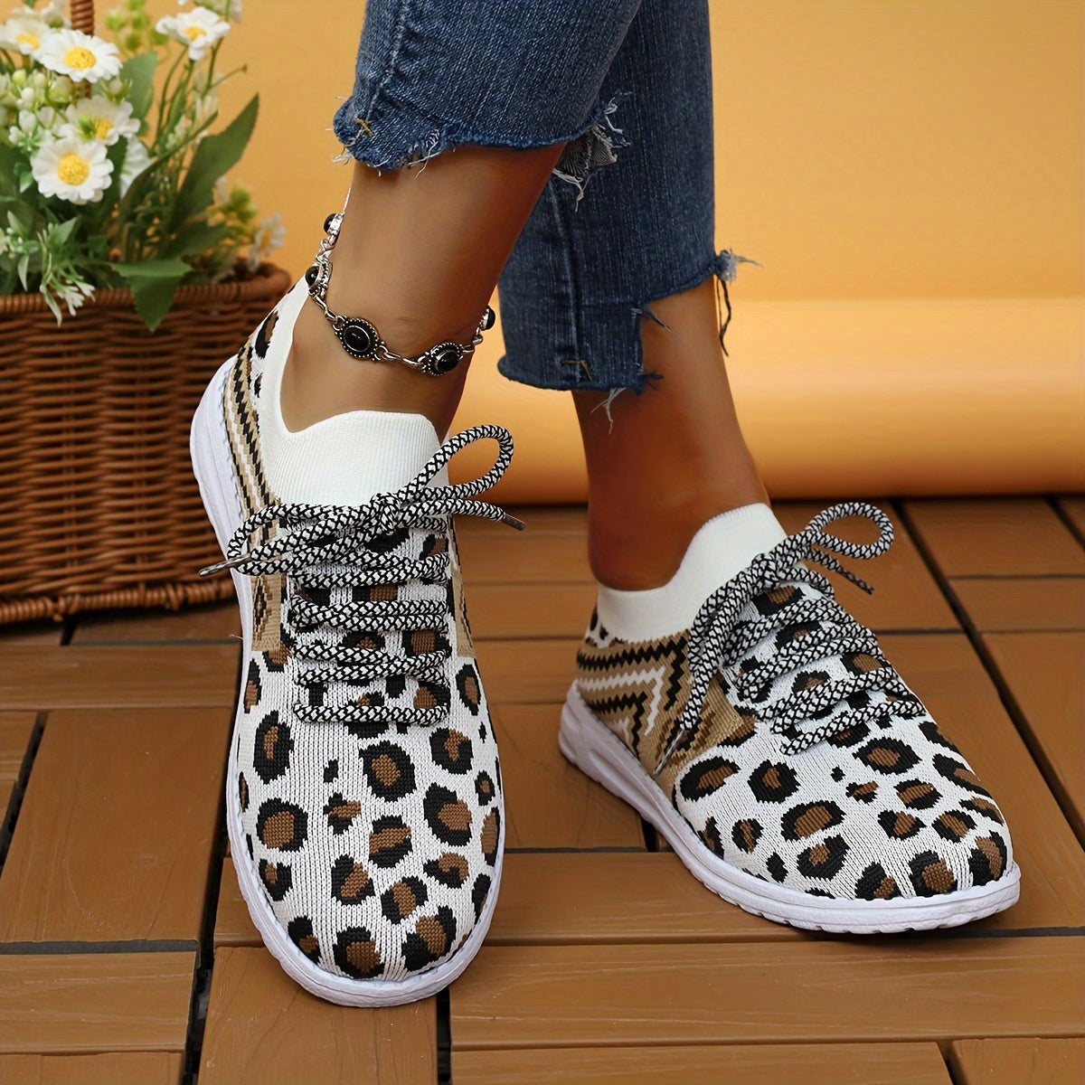 Leopard Print Mesh Lace-up Sneakers Soft Sole Casual Shoes