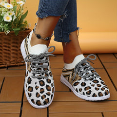 Leopard Print Mesh Lace-up Sneakers Soft Sole Casual Shoes