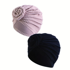 2pcs Twist Pleated Turban Cap Embossed Elastic Bonnet Chemo Beanies