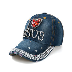 Rhinestone Baseball Cap Distressed Denim Sports Hat Lightweight Dad Hat