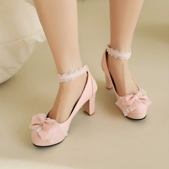 Women's Lace Bowknot High Heels Ankle Strap Mary Jane Pumps