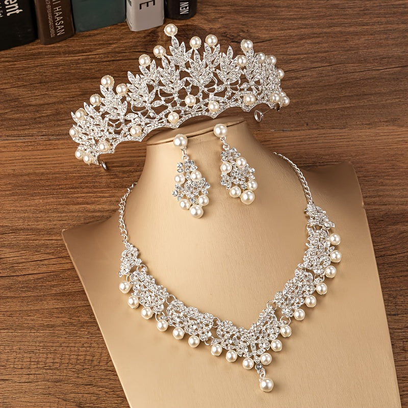 Faux Pearl Rhinestone Crown Earrings Necklace Set Princess Tiara