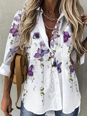 Women's Plus Floral & Butterfly Print Button Up Long Sleeve Blouse