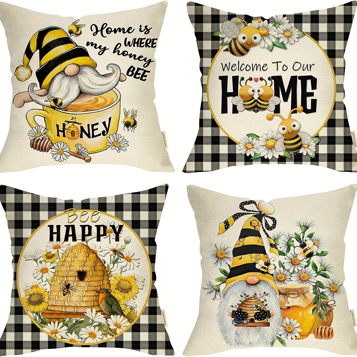 Square Linen Cushion Cover 18''x18'' Spring Summer Bee Pillow Cover
