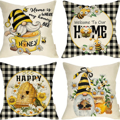 Square Linen Cushion Cover 18''x18'' Spring Summer Bee Pillow Cover