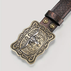 Cattle Long Horn Buckle Floral Pattern Belt Western Cowboy Leather Vintage Belt