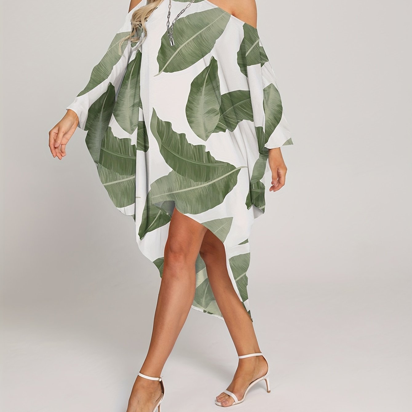 Leaf Print Cover Up Dress One Shoulder Loose Fit Asymmetrical Beachwear Kaftan