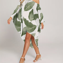 Leaf Print Cover Up Dress One Shoulder Loose Fit Asymmetrical Beachwear Kaftan