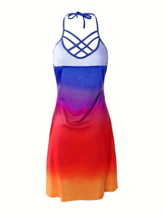 Ombre Print Backless Halter Neck High Stretch Dress