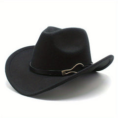 Classic Rolled Brim Cowboy Hat Belt Decor Jazz Fedora Cap Solid Felt Hat Unisex