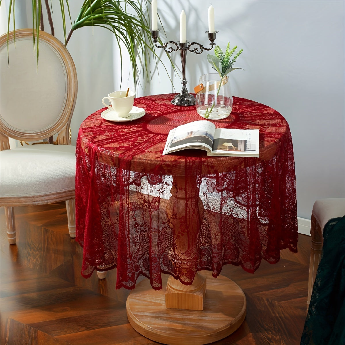American Style Round Lace Tablecloth Red Hollowed Out Christmas Table Cloth