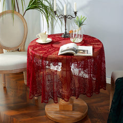 American Style Round Lace Tablecloth Red Hollowed Out Christmas Table Cloth