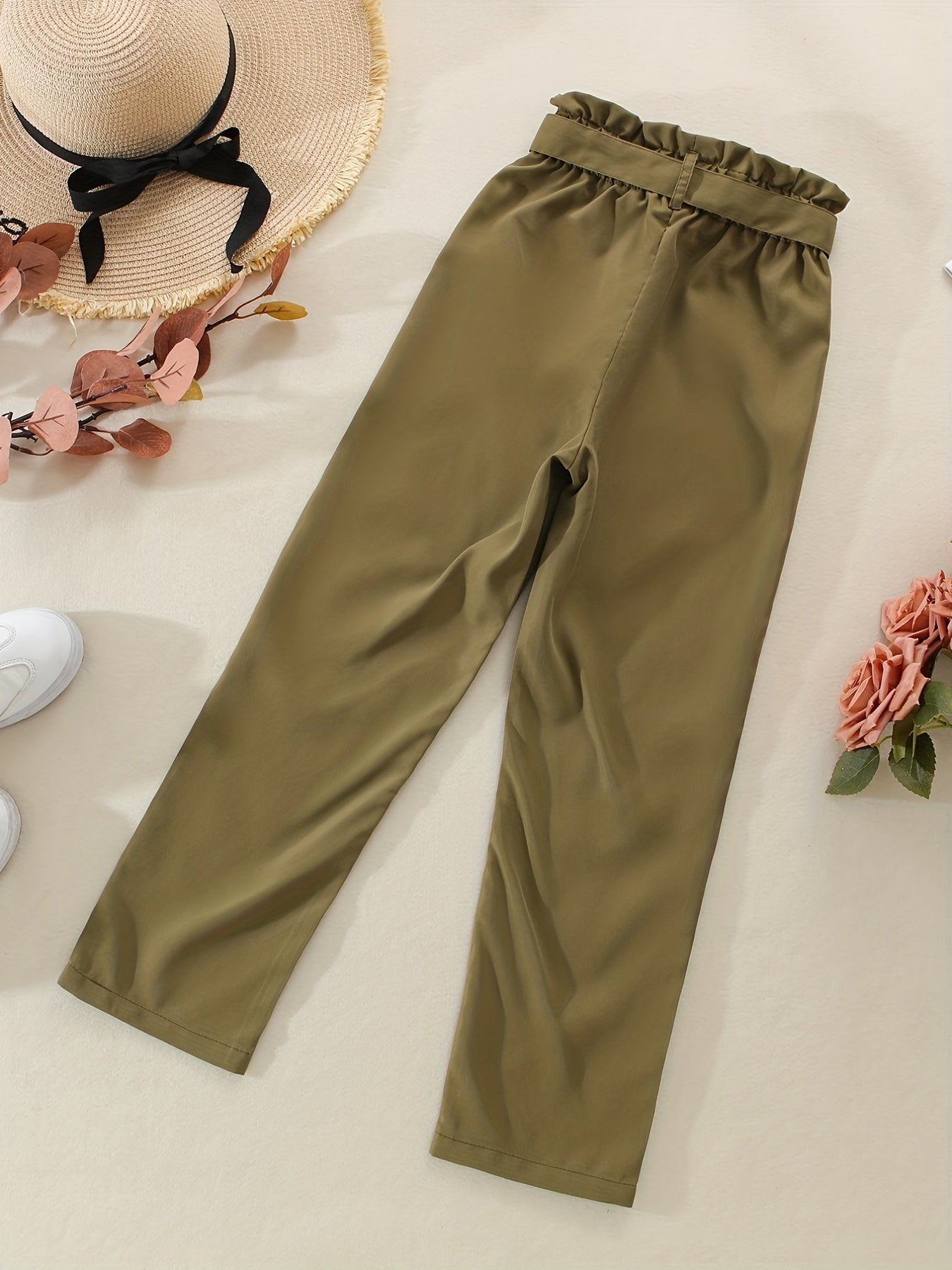 Girls Paperbag Waist Belted Cotton Casual Pants