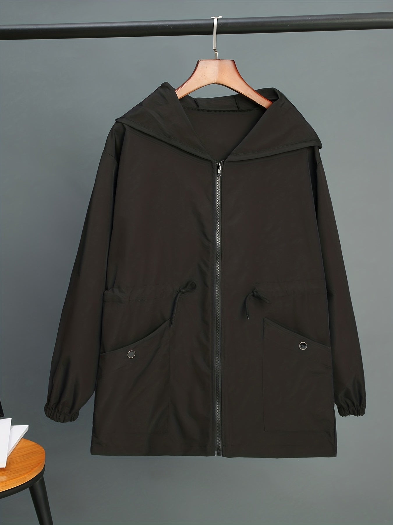 Solid Pockets Hooded Jacket Zip Up Casual Long Sleeve