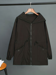 Solid Pockets Hooded Jacket Zip Up Casual Long Sleeve