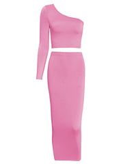 Women's Plus Solid One Shoulder Crop Top & Maxi Skirt Set