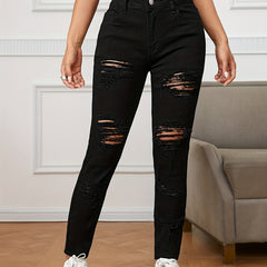 Stretchy Ripped Slash Pockets Pencil Jeans Slim Fitting Button Long Pants
