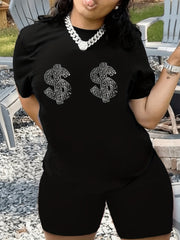 Rhinestone Print Two-piece Set T-shirt & Biker Shorts Outfit