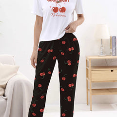 Cherry Print Pajama Set Short Sleeve Top & Pants