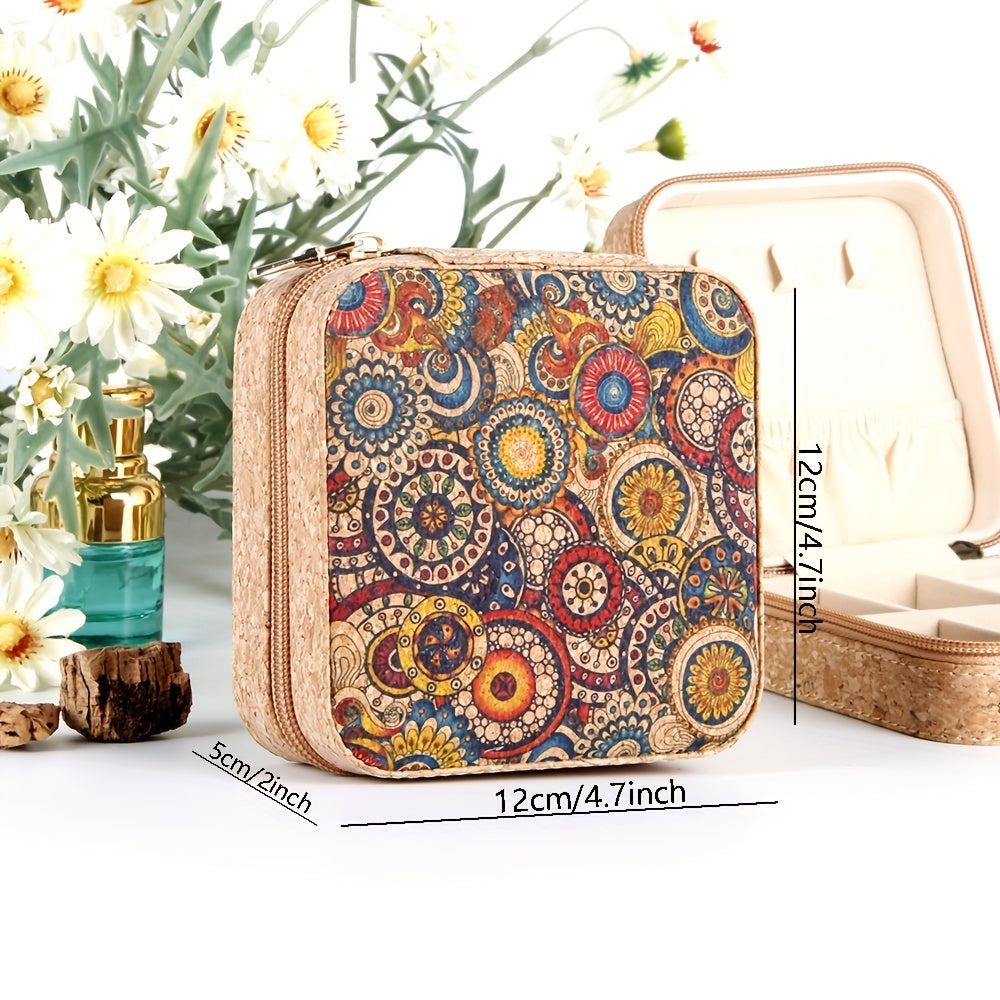 Vintage Pattern Square Jewelry Box Zipper Portable Organizer