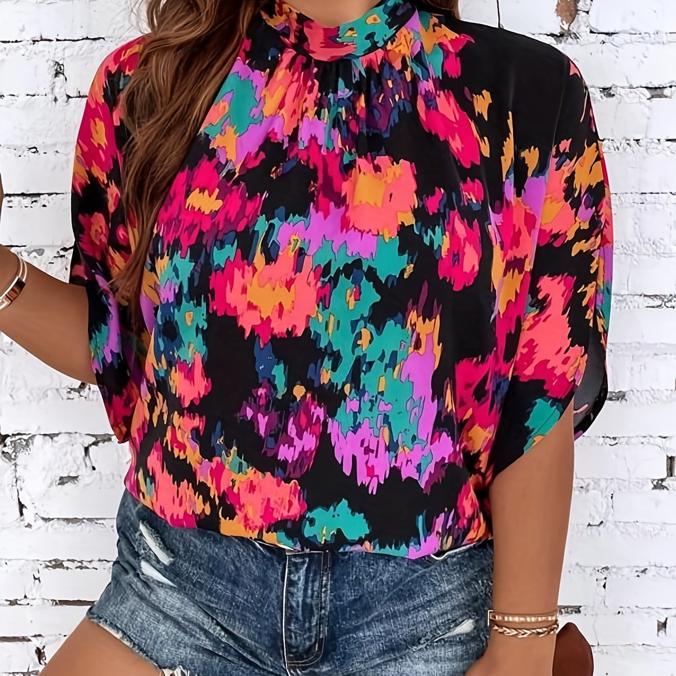 Casual Blouse Women's Plus Halter Neck Pleated Blouse