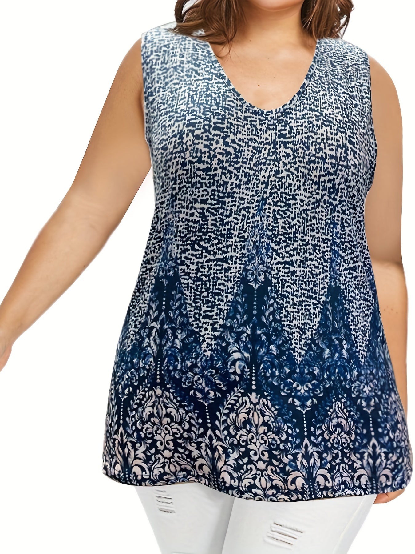 Casual Tank Top Women's Plus Random Print Round Neck