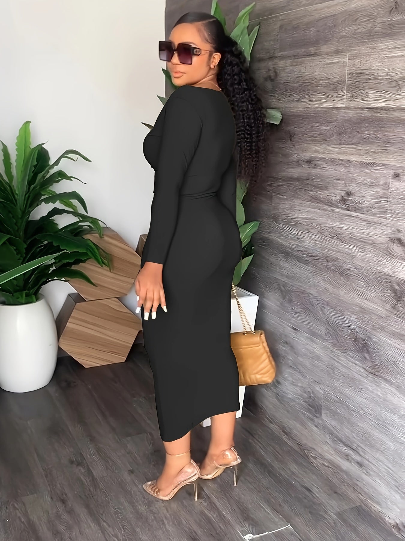 Solid Long Sleeve Cowl Neck Dress