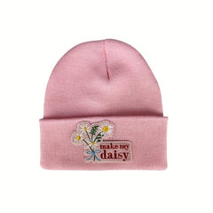 Daisy Embroidery Patch Beanie Knit Hat Windproof Warm Skull Cap