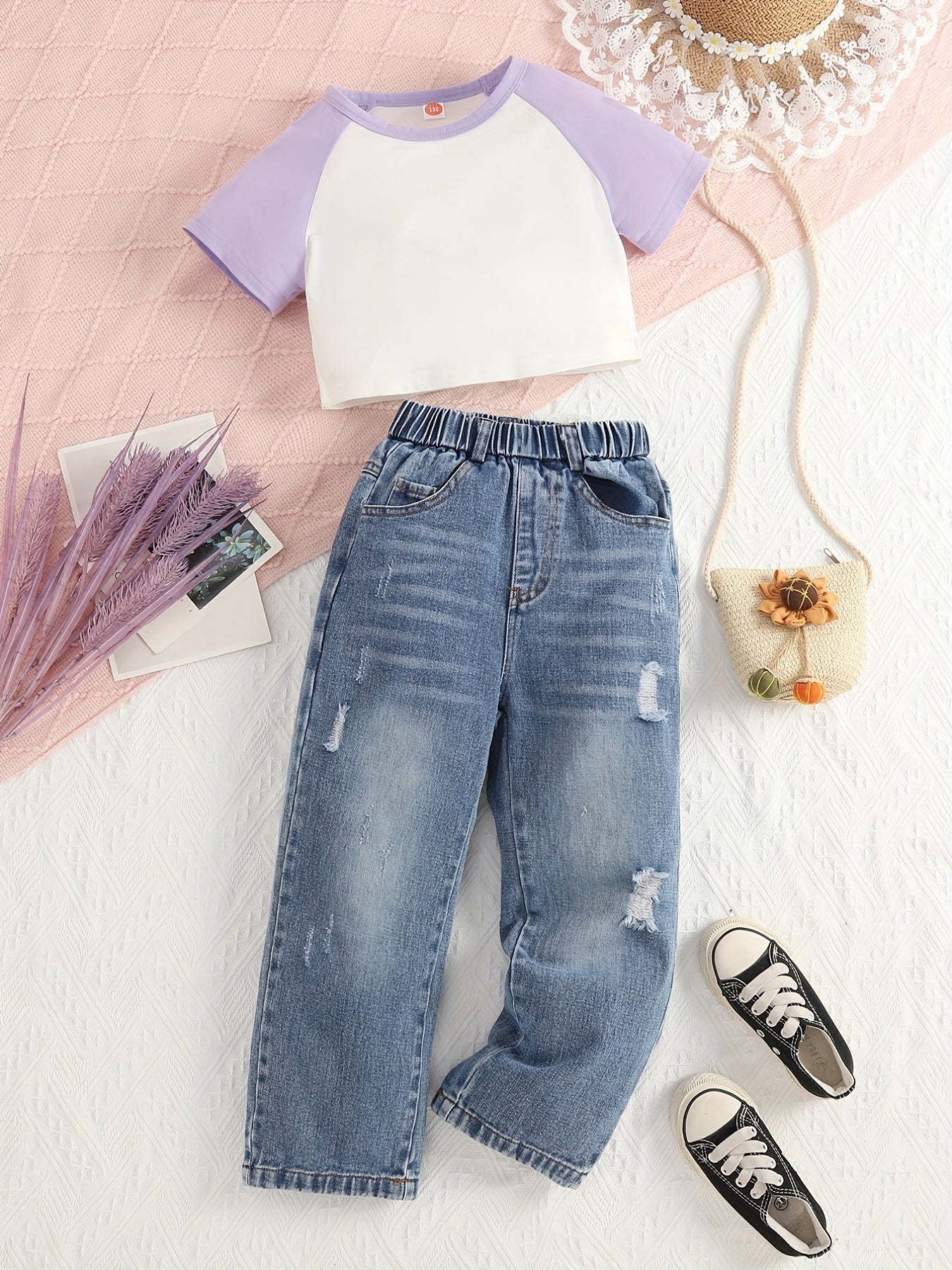 Girls 2 Pcs Raglan Short Sleeve Top & Elastic Waist Jeans Casual Set