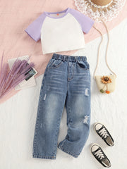 Girls 2 Pcs Raglan Short Sleeve Top & Elastic Waist Jeans Casual Set