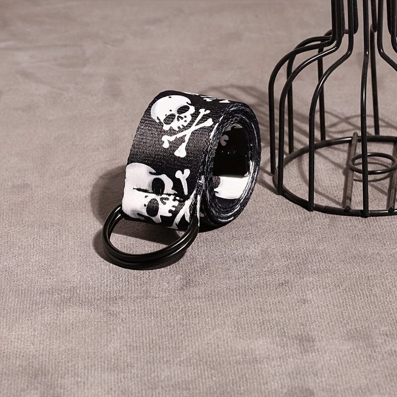 Skull Head Double Loop Buckle Canvas Belt for Men