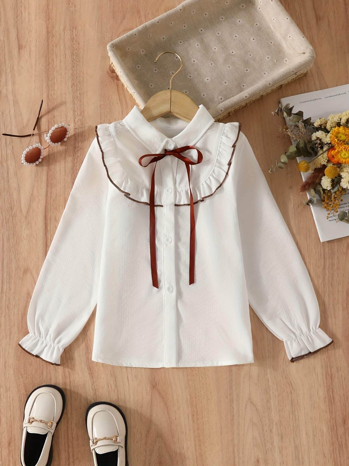 Girls Preppy Shirt Ruffle Trim Turn Down Collar Striped Blouse Top