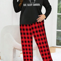 Plus Size Pajamas Set Graphic Tee & Plaid Pants Lounge 2 Piece