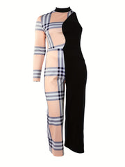 Colorblock Plaid Print One Shoulder Jumpsuit