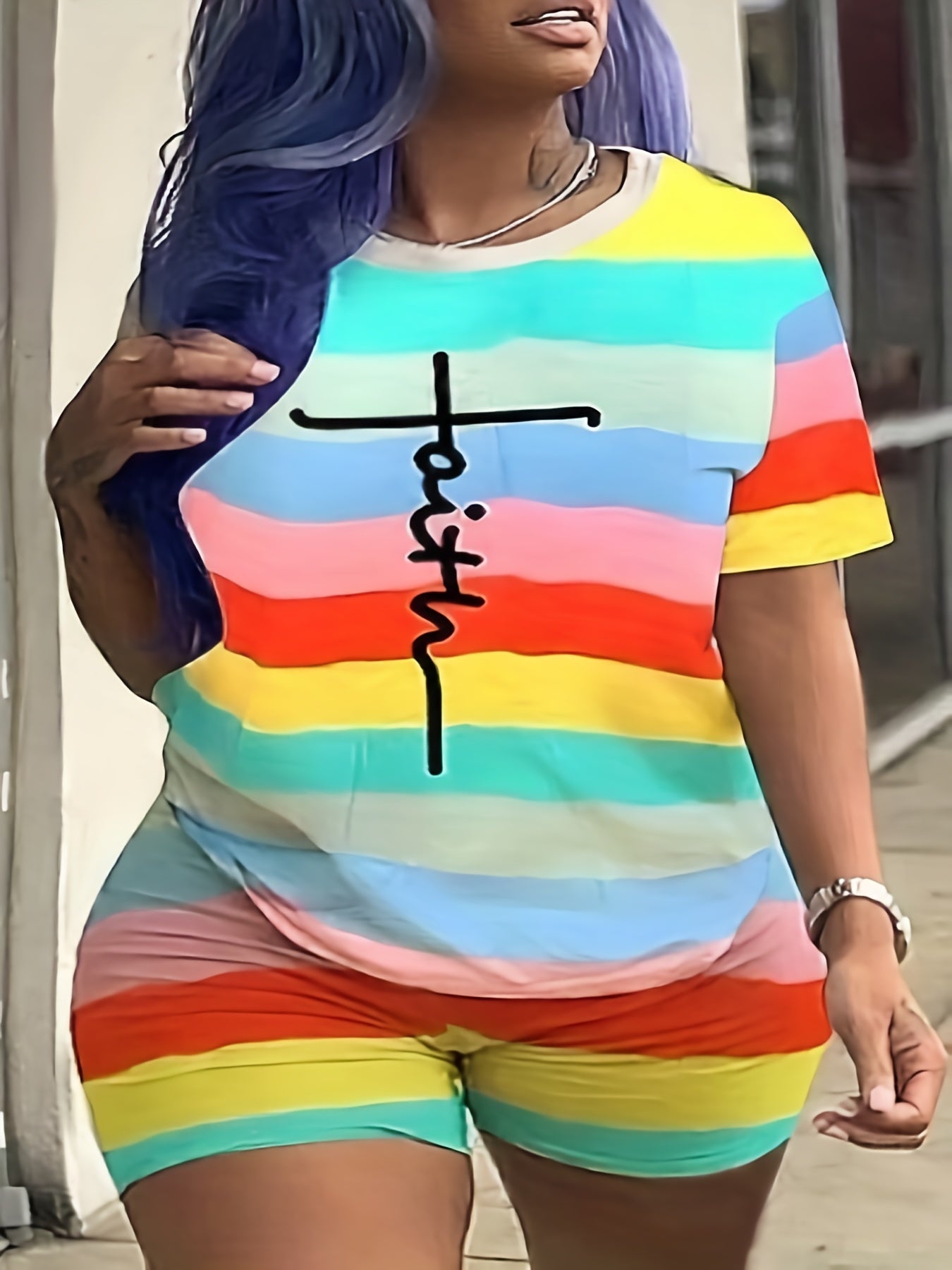 Women's Plus Stripe Letter Print Tee & Shorts Two Piece Set