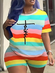 Women's Plus Stripe Letter Print Tee & Shorts Two Piece Set