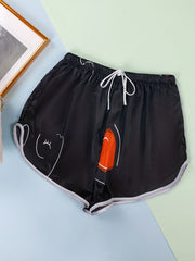 Eyelash Print Satin Lace Up Shorts Women's Sleepwear