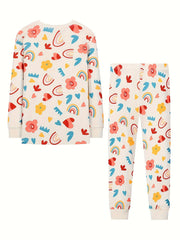 Floral Pattern Kid's 2pc Pajama Set, Long Sleeve Top & Pants, Cotton PJ Set