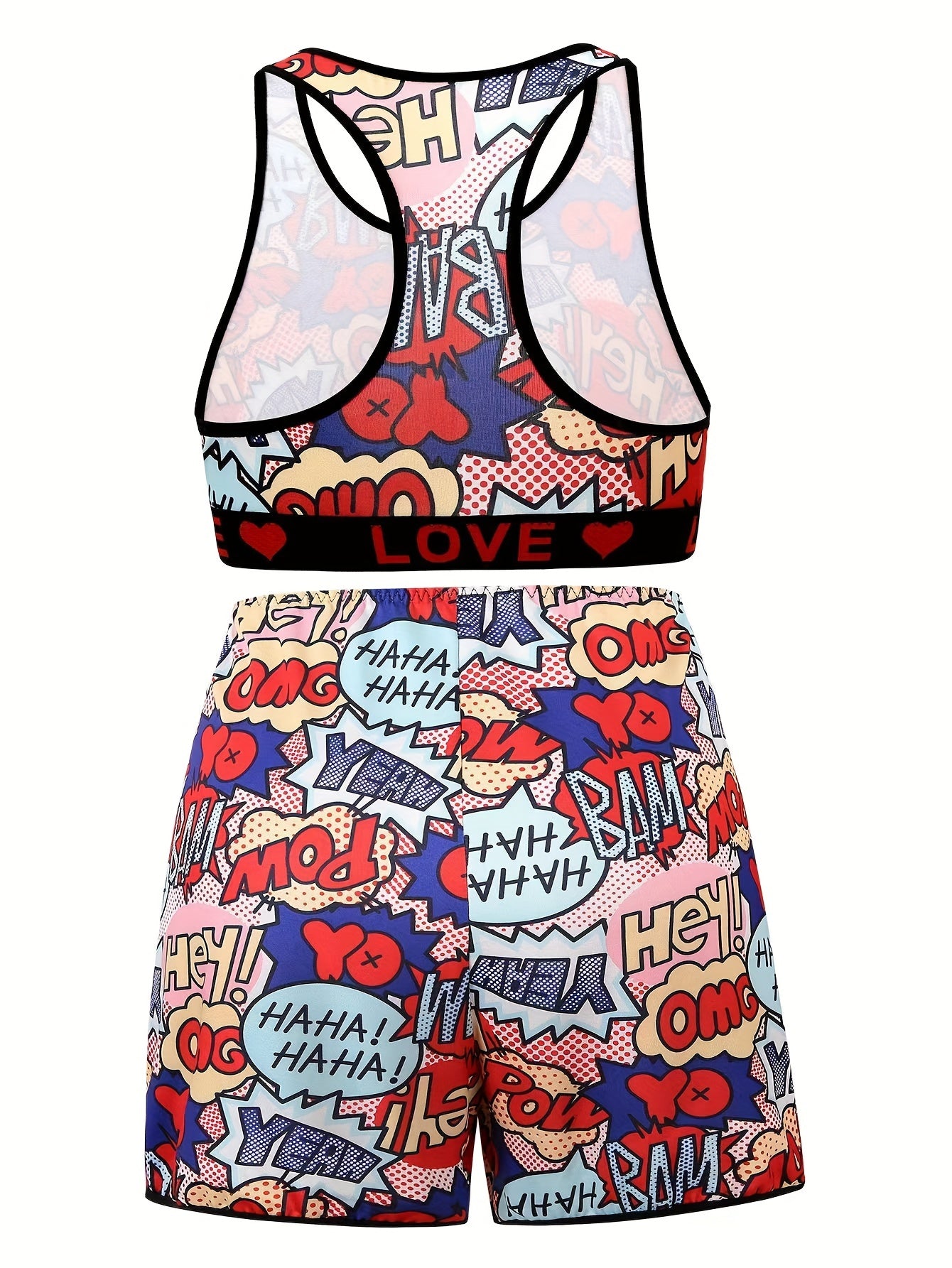 Y2K Pop Art Print Racer Back Tank Bra & Shorts Set