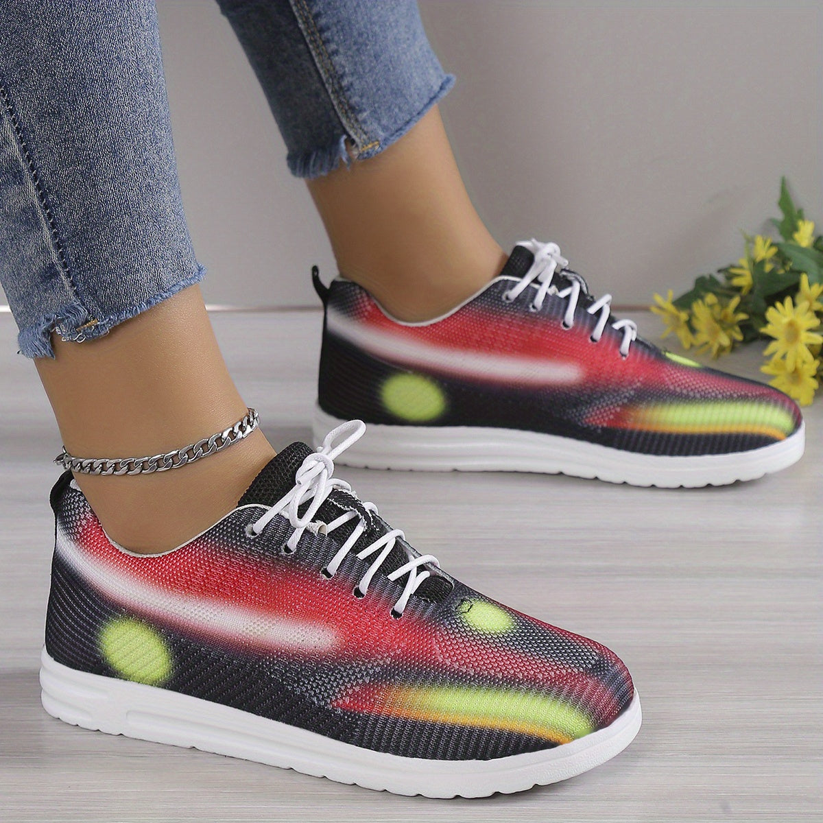 Abstract Print Sneakers Lace Up Low Top Mesh Shoes