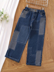 Girls' Graphic Wide Leg Jeans, Elastic Waist Denim Pants