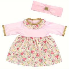 43 Doll Pink Floral Dress with Golden Trim Bodysuit Set
