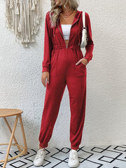 Hooded Drawstring Jumpsuit Long Sleeve Running Jumpsuit