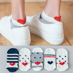 5 Pairs Heart Pattern Socks & Lightweight Low Cut Ankle Socks Women's