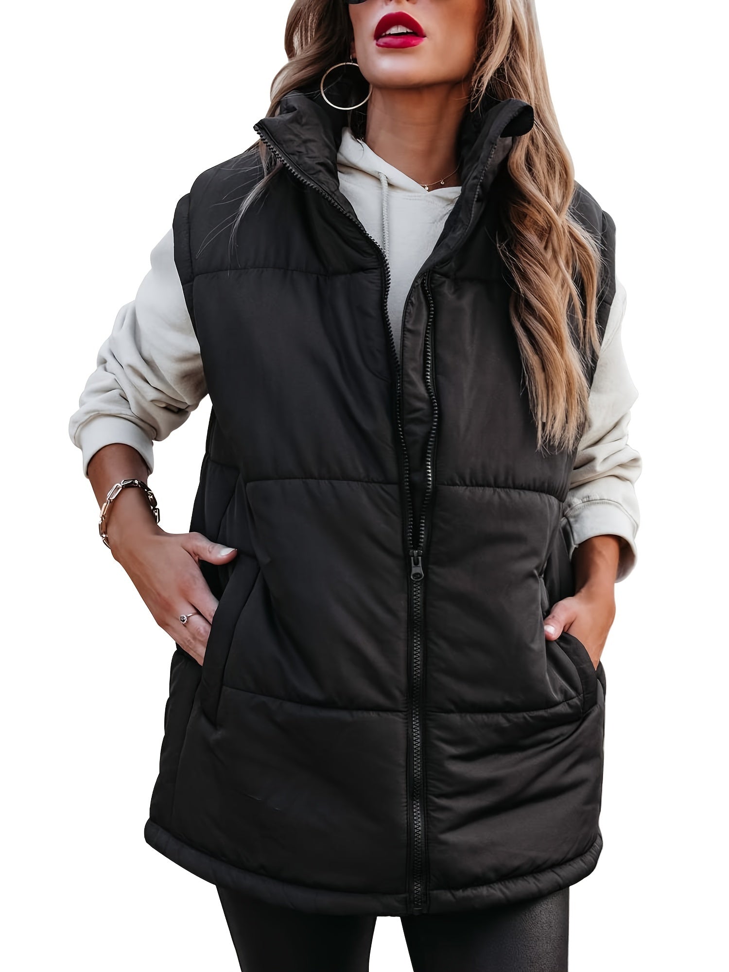 Solid Zip Up Sleeveless Jacket Casual Stand Collar Outerwear